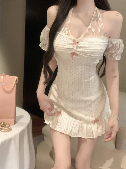 Creamy Sweet Strawberry Milkshake White Halter Off Shoulder Dress