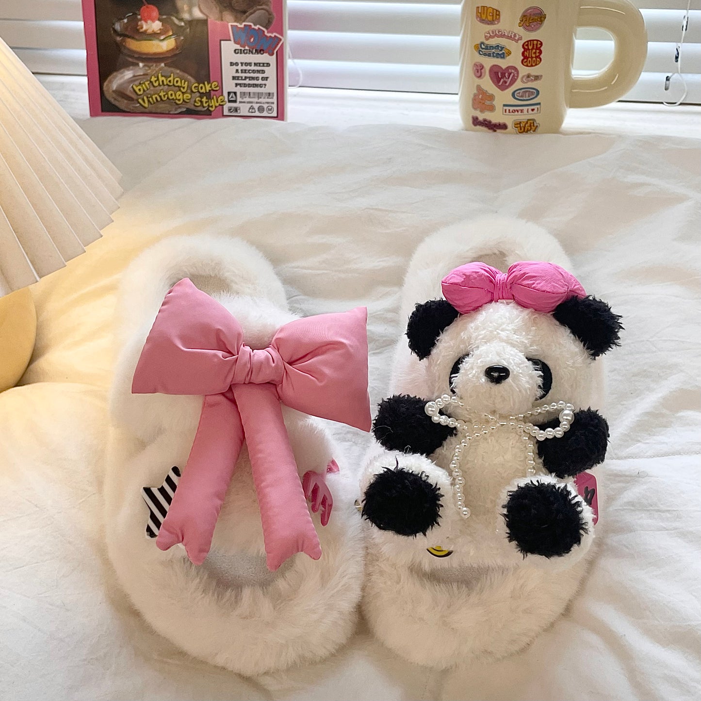 Panda Pink Bows Striped Stars Plush Fluff Slippers Shoes