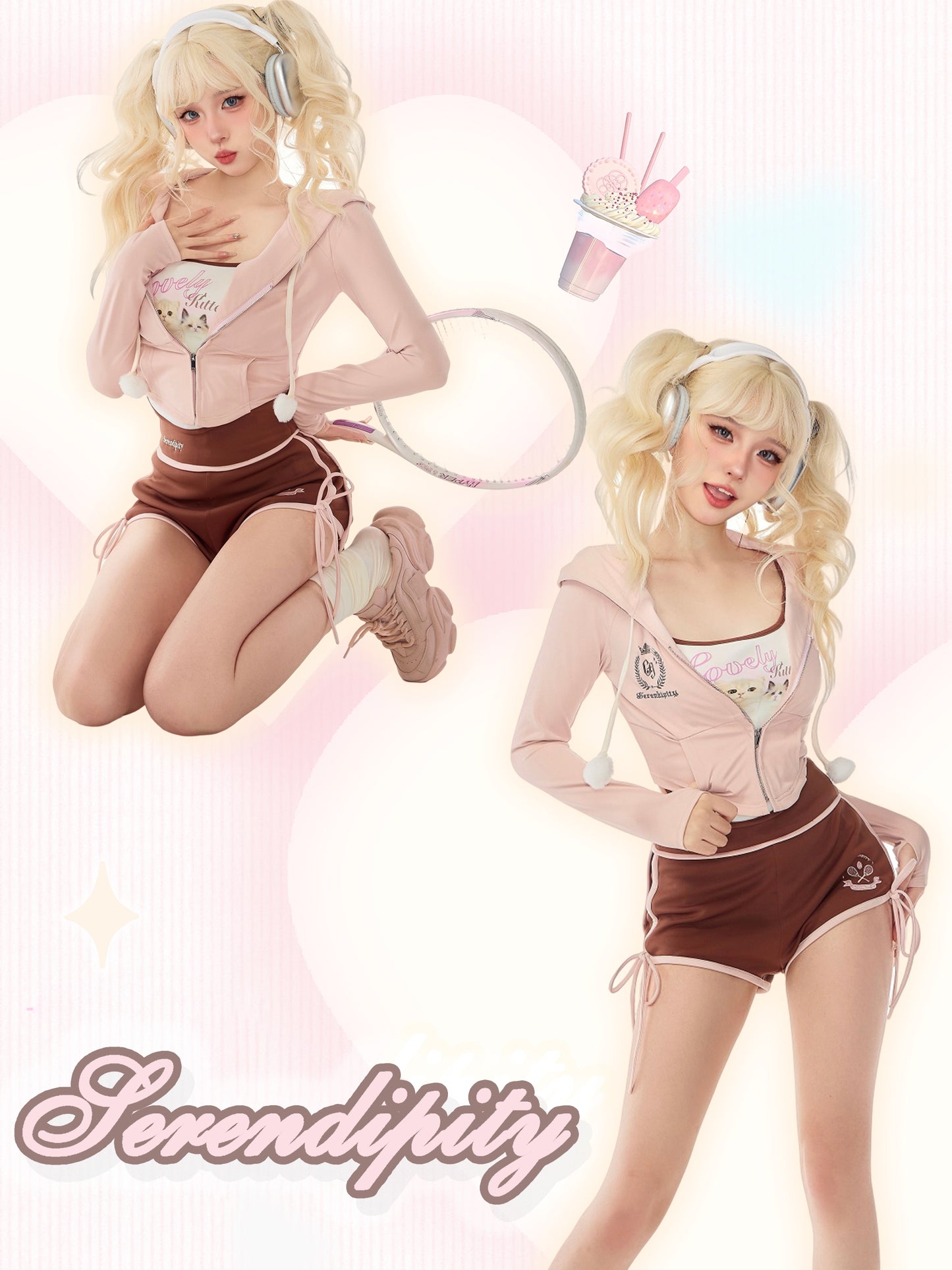 Serendipity Autumn Tennis Girl Pink Jacket & Cat Camisole & Brown Shorts Three Piece Set