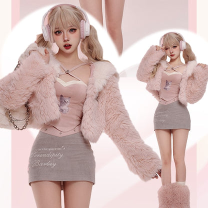 Serendipity Pink Cat Halter Neck Camisole & Gray Mini Skirt & Winter Pink Fur Jacket Three Piece Set