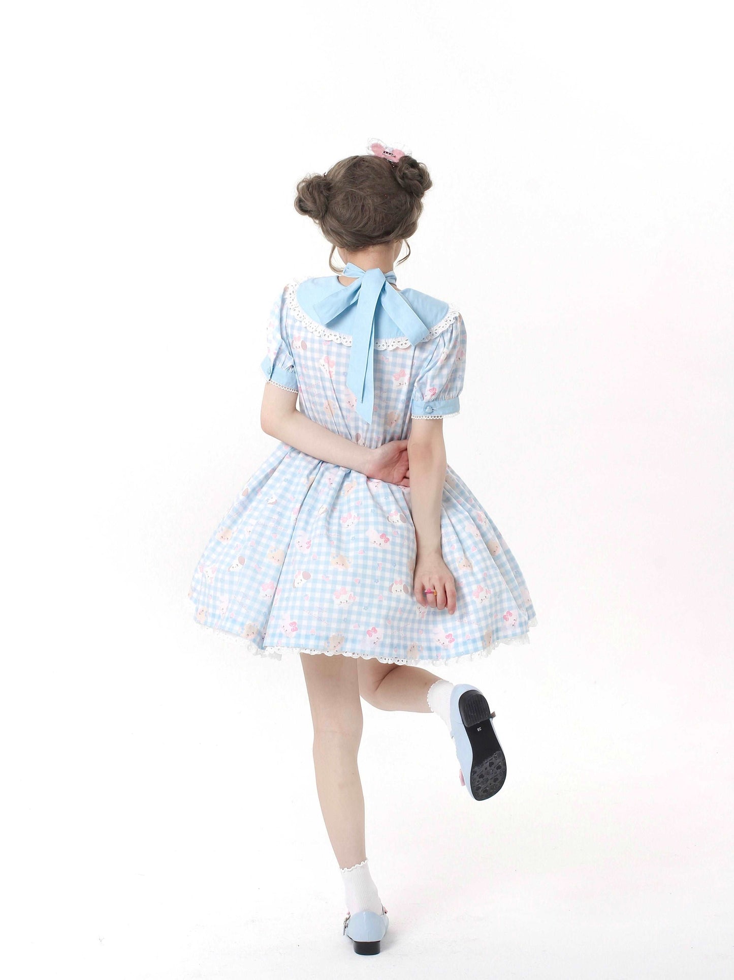 EGL Cute Bear Cat Dog Pastel Pink Blue Checkerboard Short Sleeve Dress