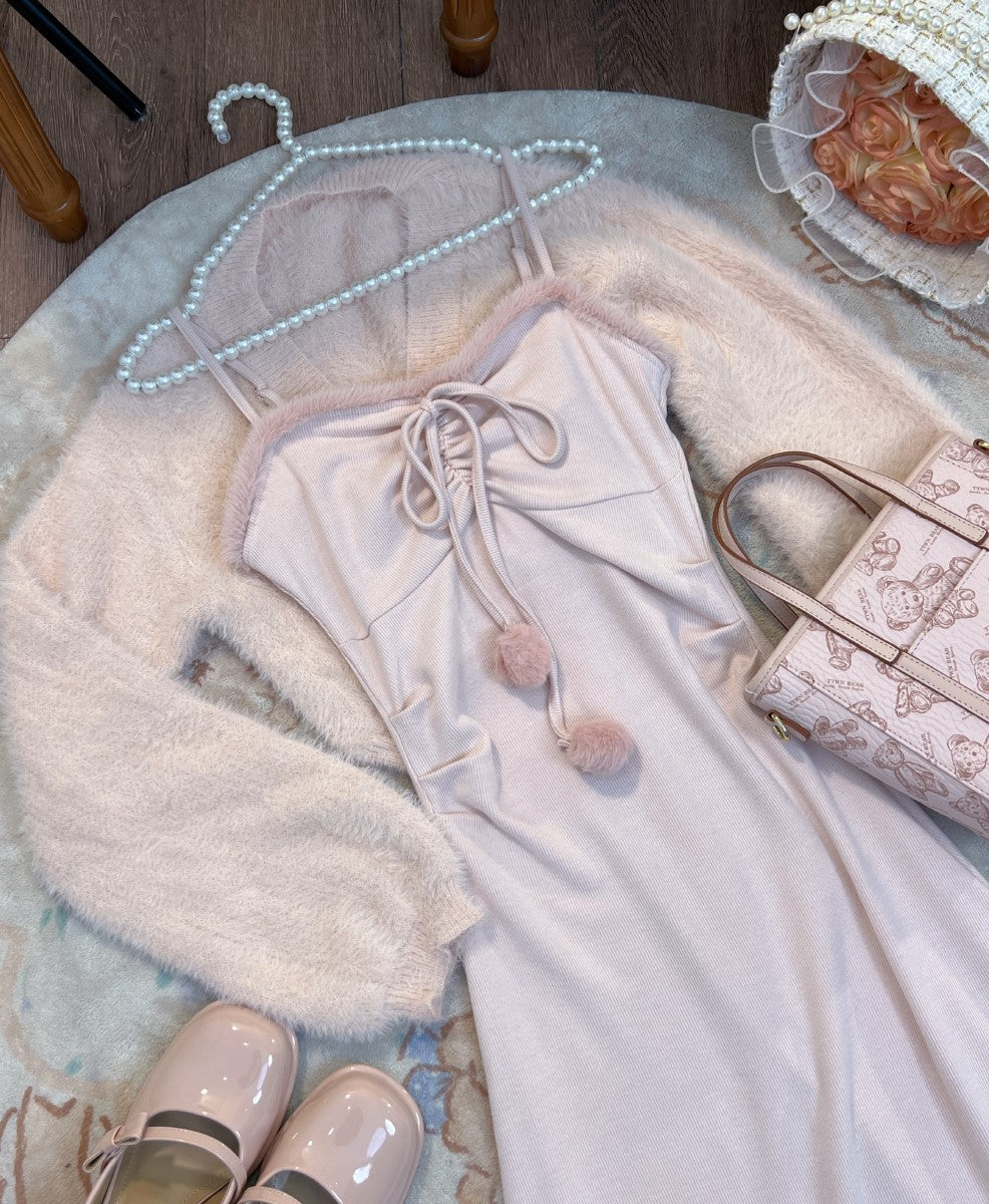 Ruellia Lady White Cream Pink Long Strap Dress & Plush Fur Pink Cardigan Two Piece Set