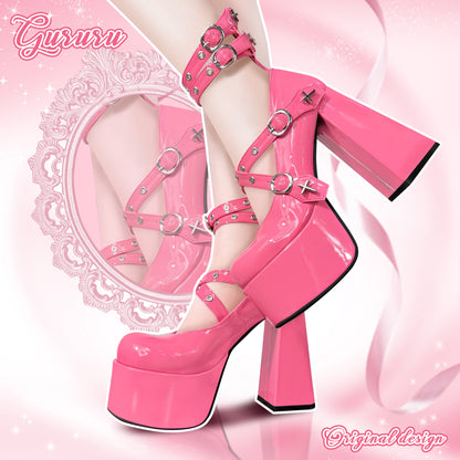 Hot Pink x Black High School Girl Straps High Heels Shoes