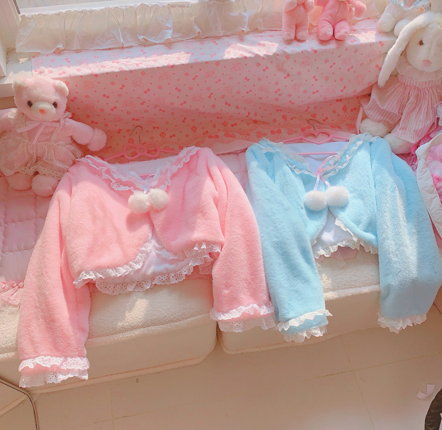 Candy Fairy Pink Blue Lace Sailor Collar Bow Plush Fur Jacket