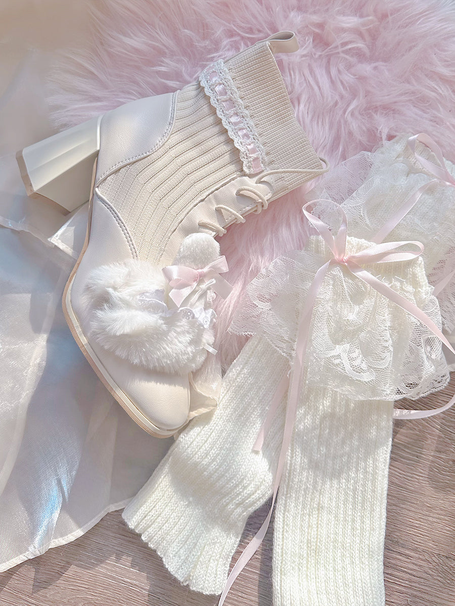 Pinky Rabbit Ears Plush Pearl Knit Coquette Winter Heels Boots Shoes & Lace Balletcore Leg Warmers