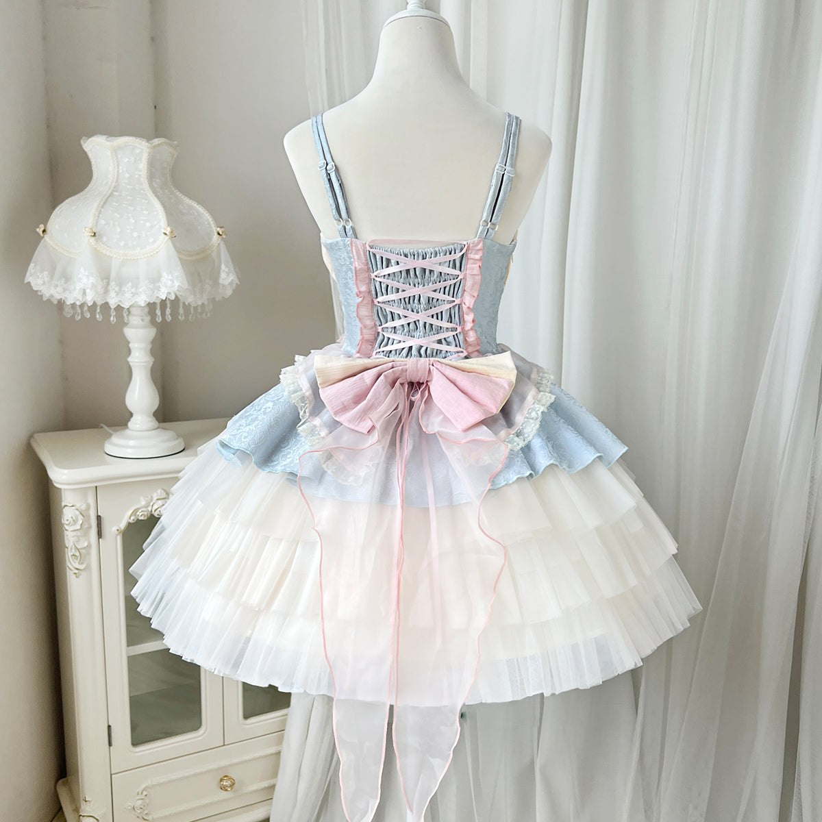 Lolita Rose Peach Blue Ruffled Princess Strap Dress