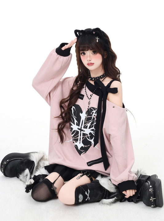 Crazy Girl Frost Witch Heart Cross Pink Black Off Shoulder Sweater Top