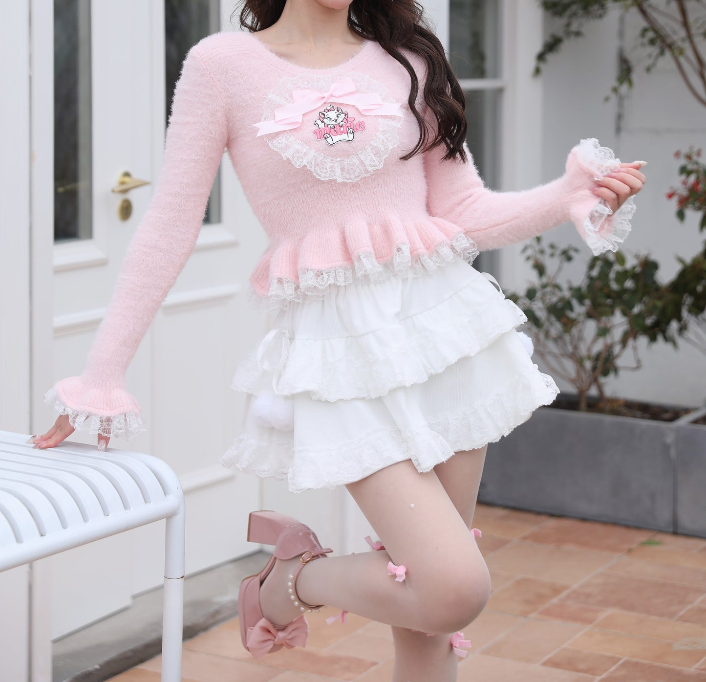 Sweetheart Princess Winter Marie Cat Pink Fuzzy Cropped Sweater & White Ruffled Skirt Two Piece Set