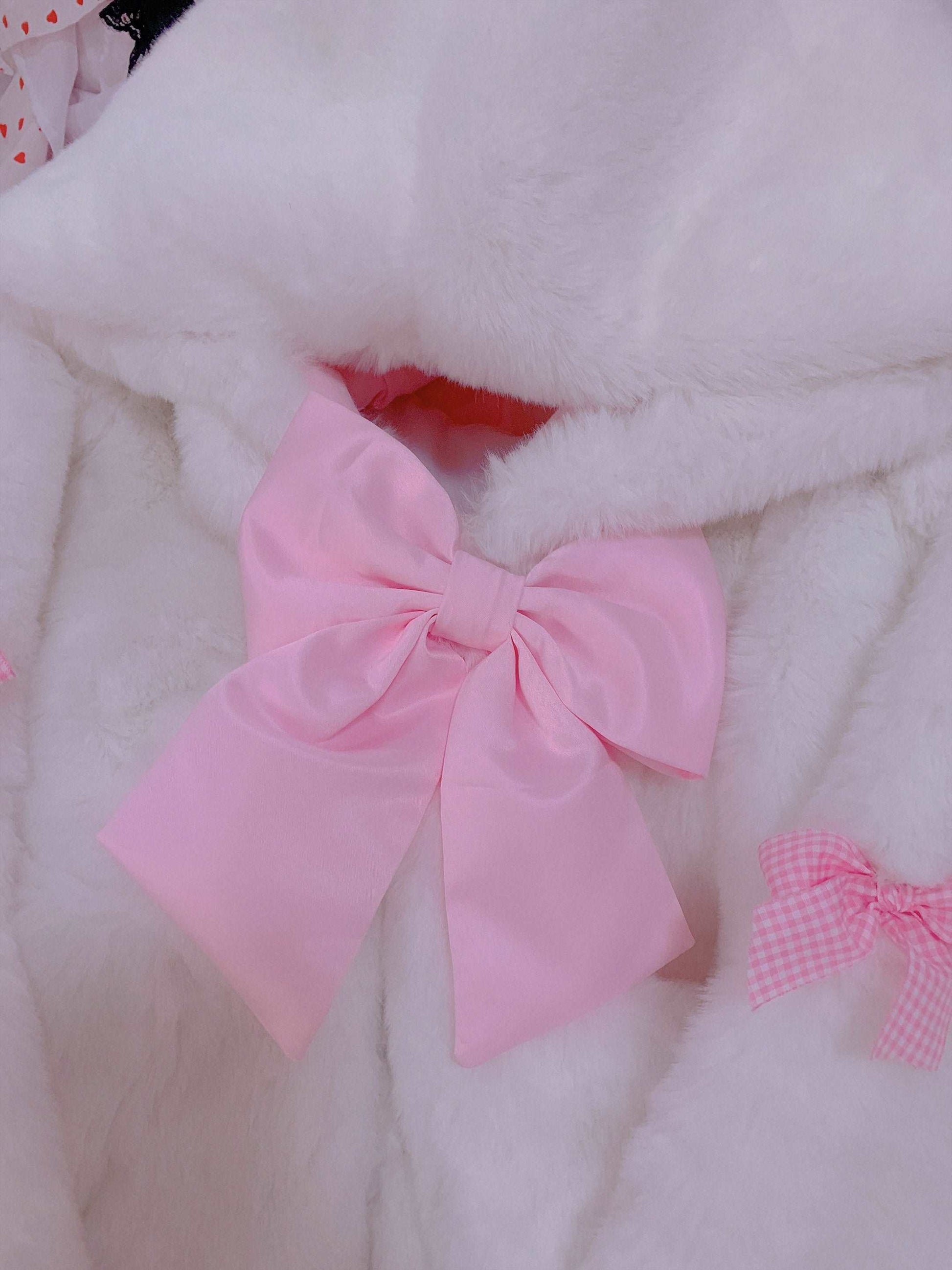 Candy Fairy Cute Pink Bow Snow White Plush Thick Winter Hooded Jacket