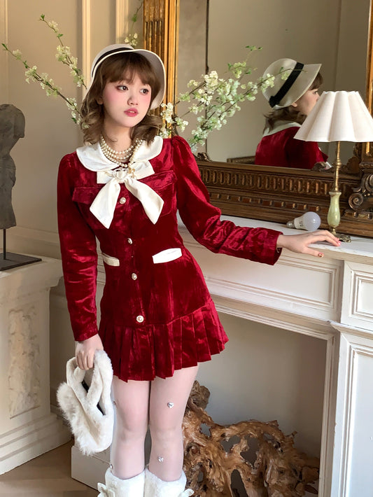 Picnic Girl Winter Holiday Christmas Red Velvet Dress