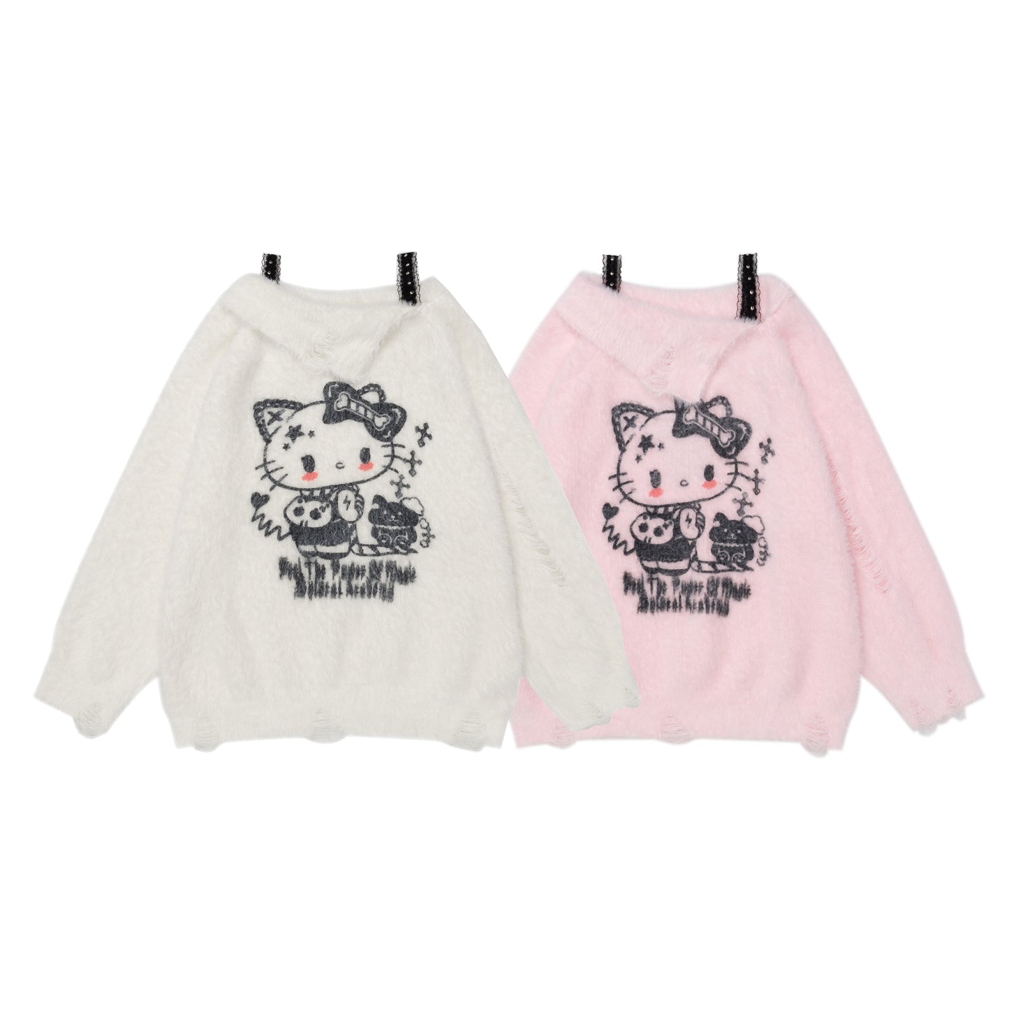 Young Eyes Cupid Kitty White Pink Off Shoulder Fuzzy Sweater