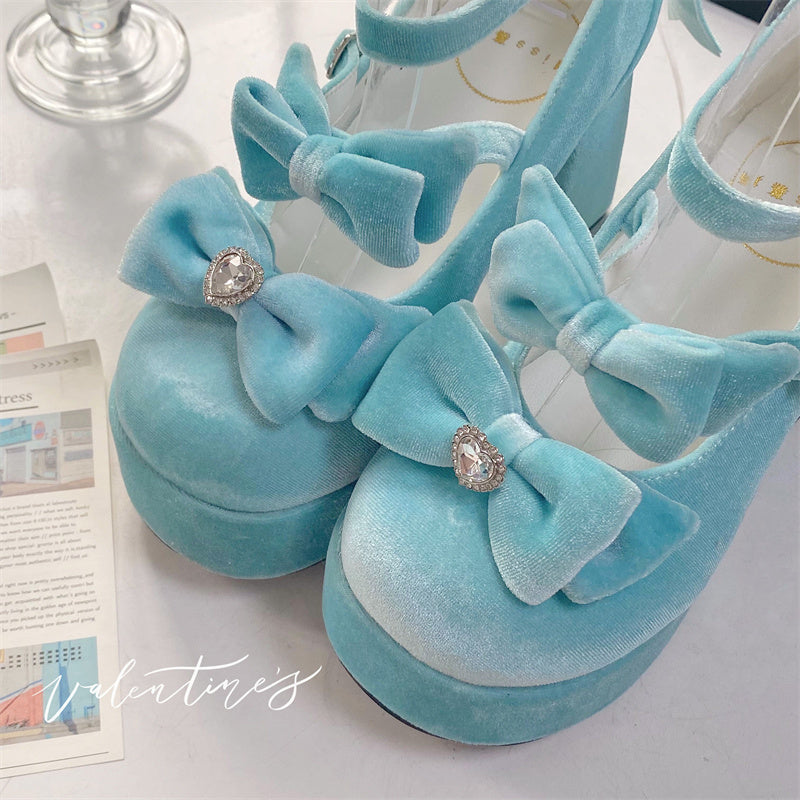 EGL Sweet Velvet Fairy Bow Mary Jane High Heels Shoes