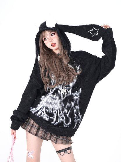 Young Eyes Star Wings Anime Girl Blue White Black Fuzzy Rabbit Ears Hoodie