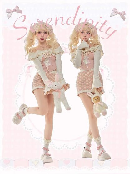 Serendipity Coquette Ruffled Cardigan & Pink Rabbit Print Camisole & Mini Skirt Three Piece Set