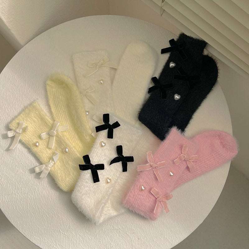 Autumn Winter Sweet Balletcore Coquette Ribbon Bow Plush Velvet Heart Mid Calf Socks