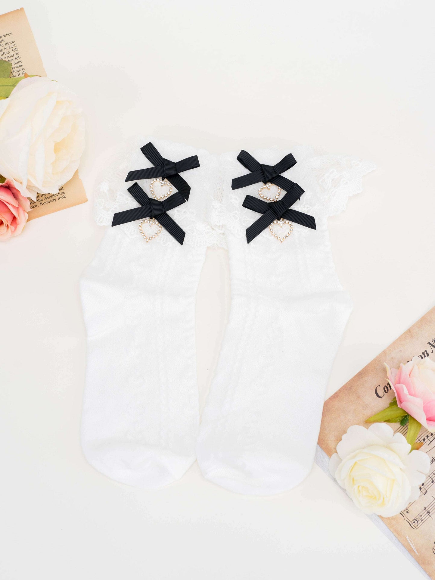 Elegant Princess EGL Black White Pink Lace Love Twin Bow Socks