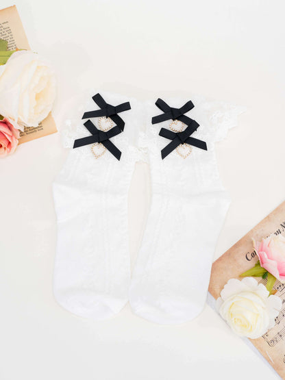 Elegant Princess EGL Black White Pink Lace Love Twin Bow Socks