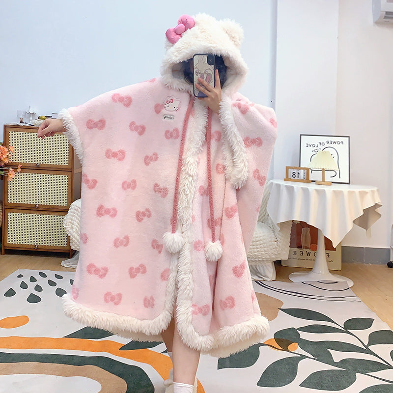 Kawaii Kitty Bow White Pink Winter Pajamas Hooded Bathrobe & Pants Two Piece