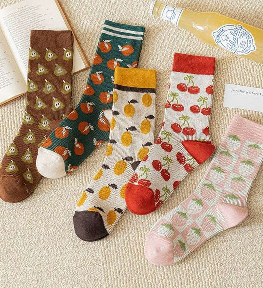 Autumn Cottagecore Fruit Strawberry Cherry Mango Orange Avocado Cotton Socks 5 Patterns Pairs Sets