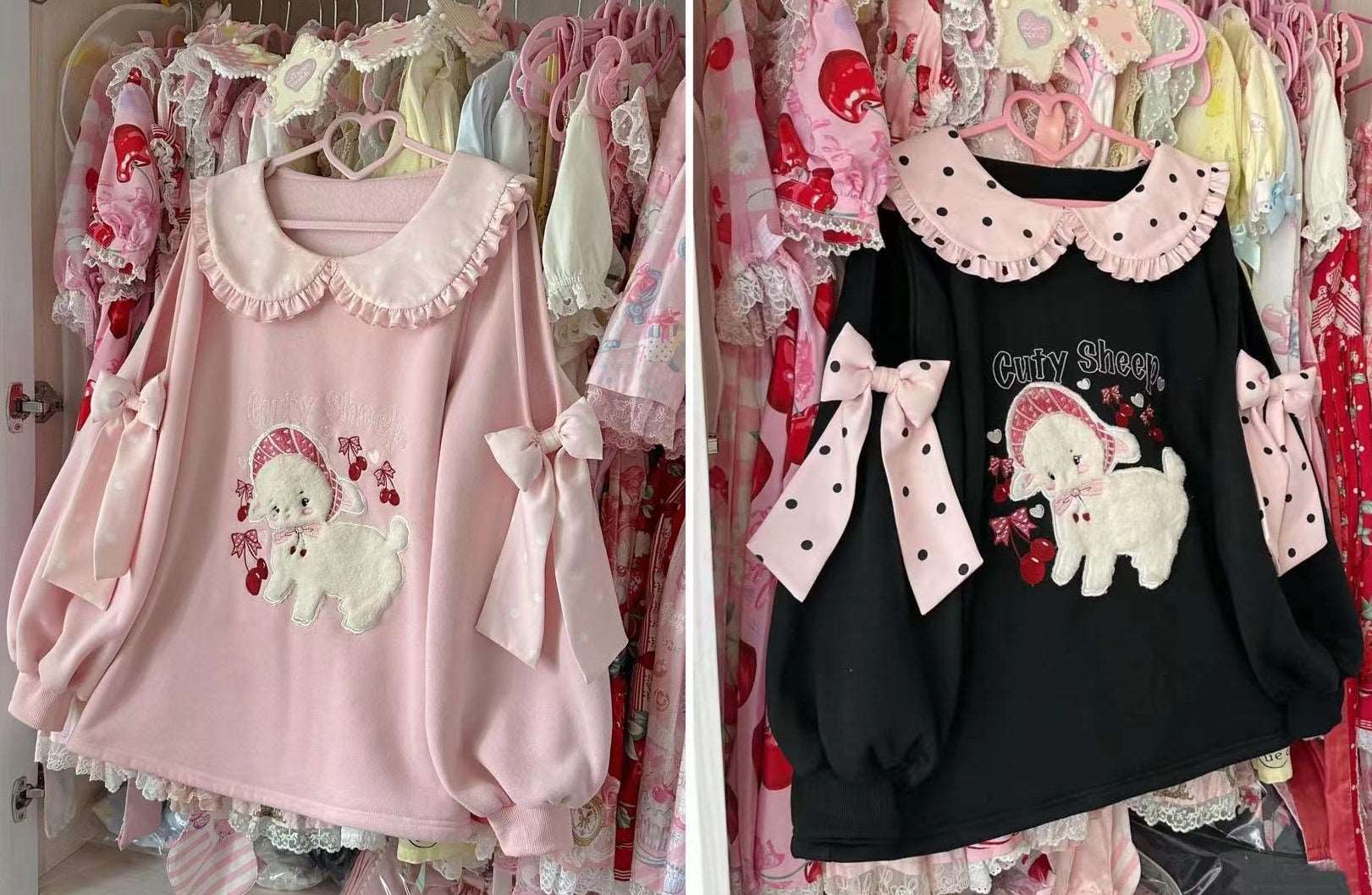 Cherry Sheep Embroidery Black Polka Dot Pink Bow Sweatshirt