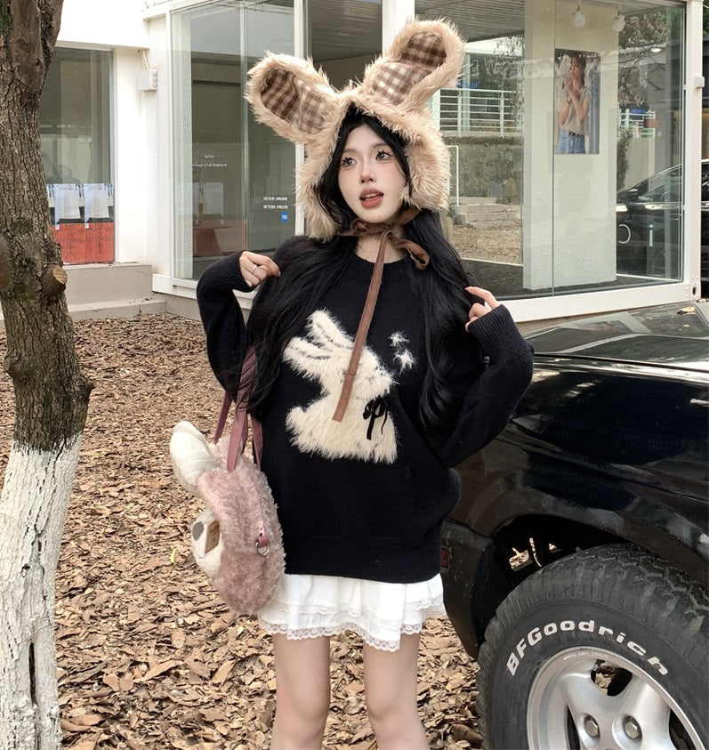 Cream Rabbit Bow Faux Fluffy Autumn Winter Black Pullover Sweater