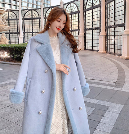 Classic Luxury Neck Strap Woolen Pink Blue Coat