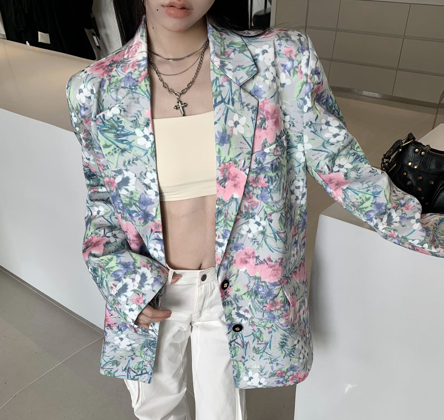 Flower Floral Pattern Casual Trendy Chic Green Blazer