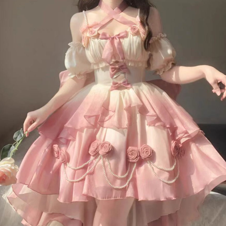 Elsa Lolita Love Goddess PInk Blue Gradient Rose Fairy Prom Dress