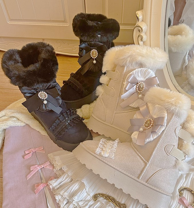 Pinky Sweet Beige Black Lace Mid Calf Fur Winter Thick Snow Round Toe Boots Shoes