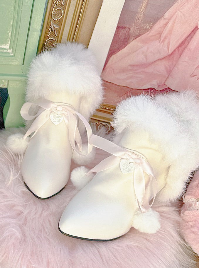 Pinky Sweet Princess Fur Plush Pompom Balls White Short Pointed Toe Boots Shoes