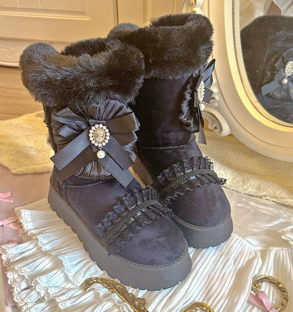 Pinky Sweet Beige Black Lace Mid Calf Fur Winter Thick Snow Round Toe Boots Shoes