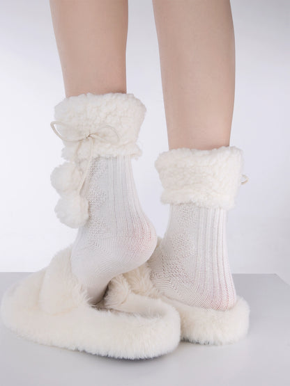 Winter Floor Knit White Beige Brown Gray Black Pompom Balls Socks