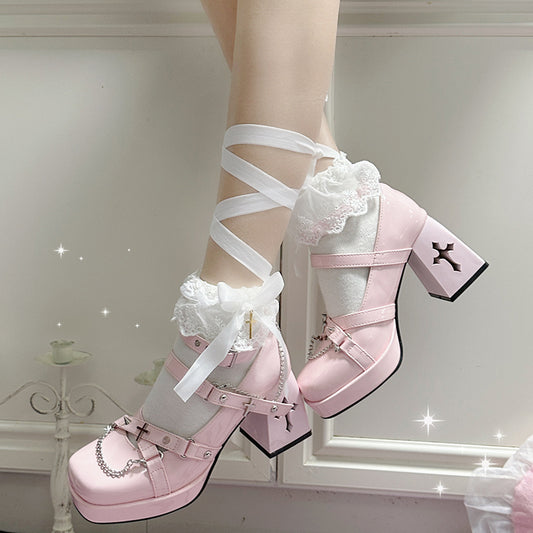 Walpurgis Night Cross Strap Egl Square Toe High Heels Platform Shoes