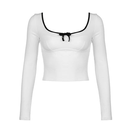 Coquette Girl Sweet Bow Slim Fit Black White Long Sleeve Shirt