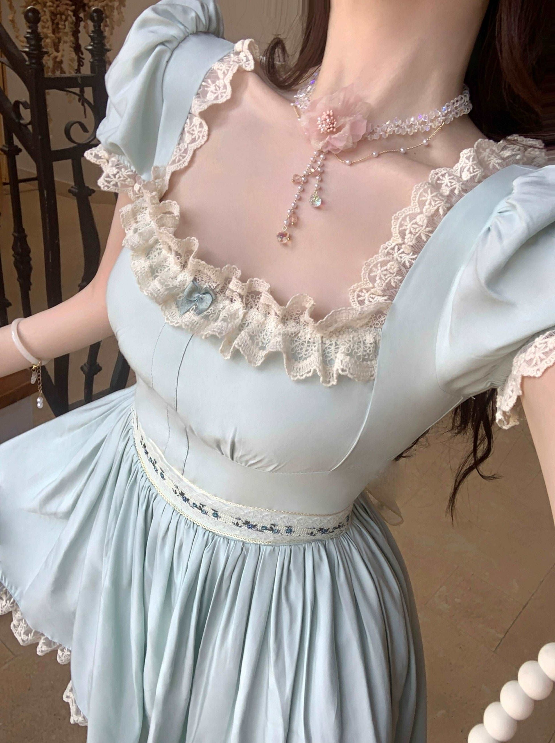 Acacia Fairytale Blue Puff Sleeve Princess Short Dress