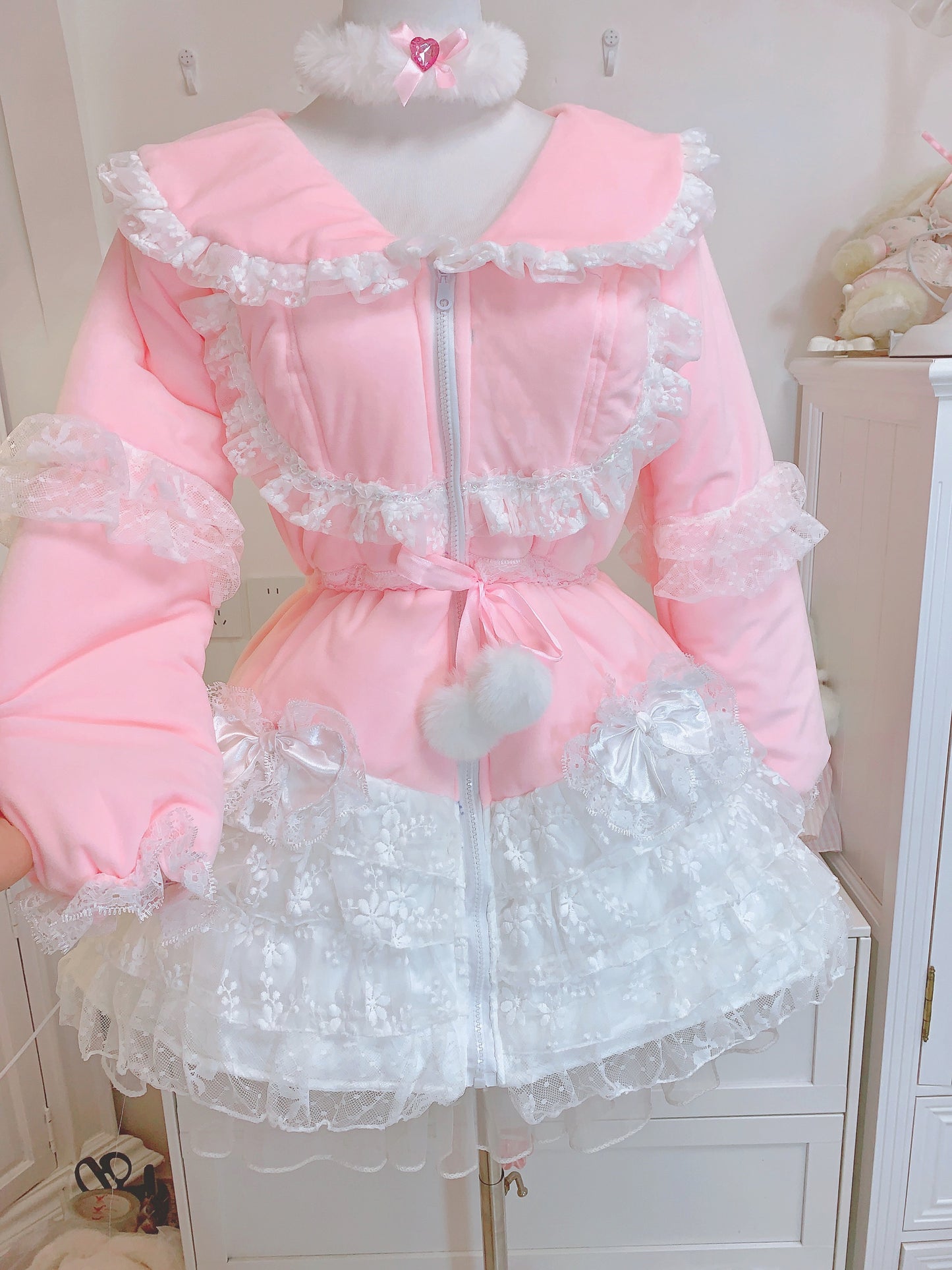 Candy Fairy Sweet Pastel Pink Princess Lace Sailor Collar Winter Padded Puffer Jacket Coat Dress