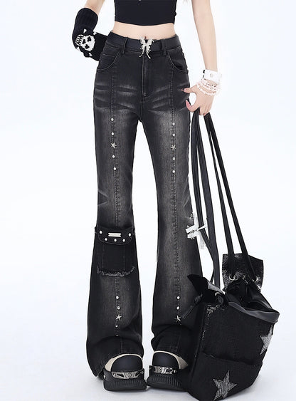 Crazy Girl Retro Black Gray Denim Flared Jeans