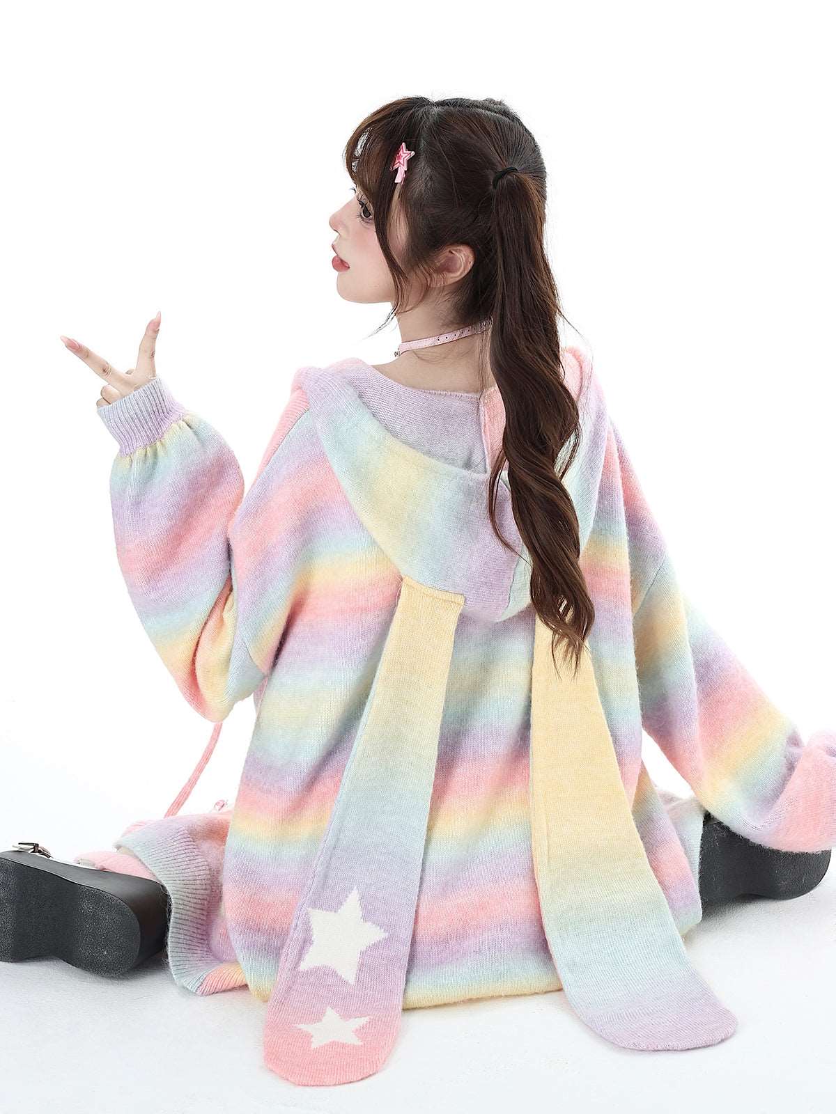 Crazy Girl Bunny Rabbit Ears Knit Rainbow Colorful Pink Black Zipper Sweatshirts Hoodie