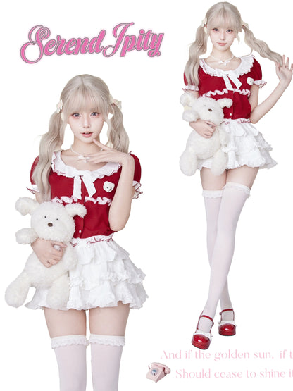 Serendipity Snow Sweet Cherry Red Top & White Skirt Two Piece Set