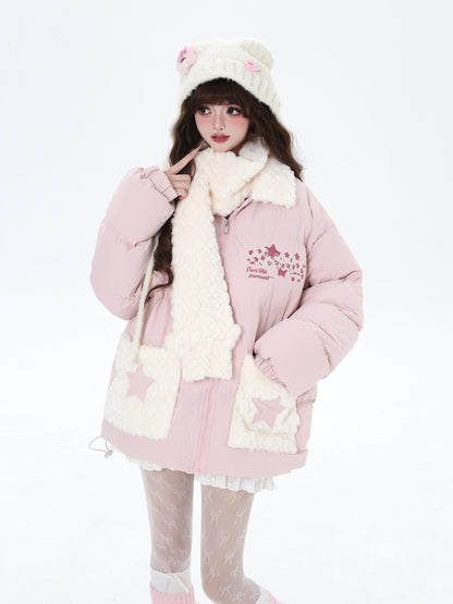 Crazy Girl Shiny Star Pink Blue Puffer Jacket & Scarf Set