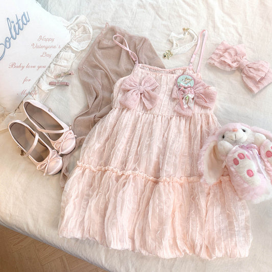 Dormir Doll Cream Bow Chiffon PInk Blue Ruffled Strap Dress