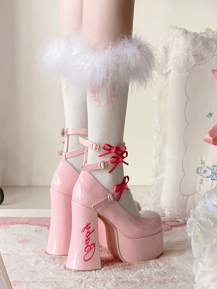 Dreamy White Tea Baby Bow EGL Platform High Heels Shoes