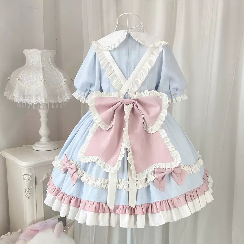 Lolita Pastel Blue Pink Maid Apron Puff Sleeve Princess Dress