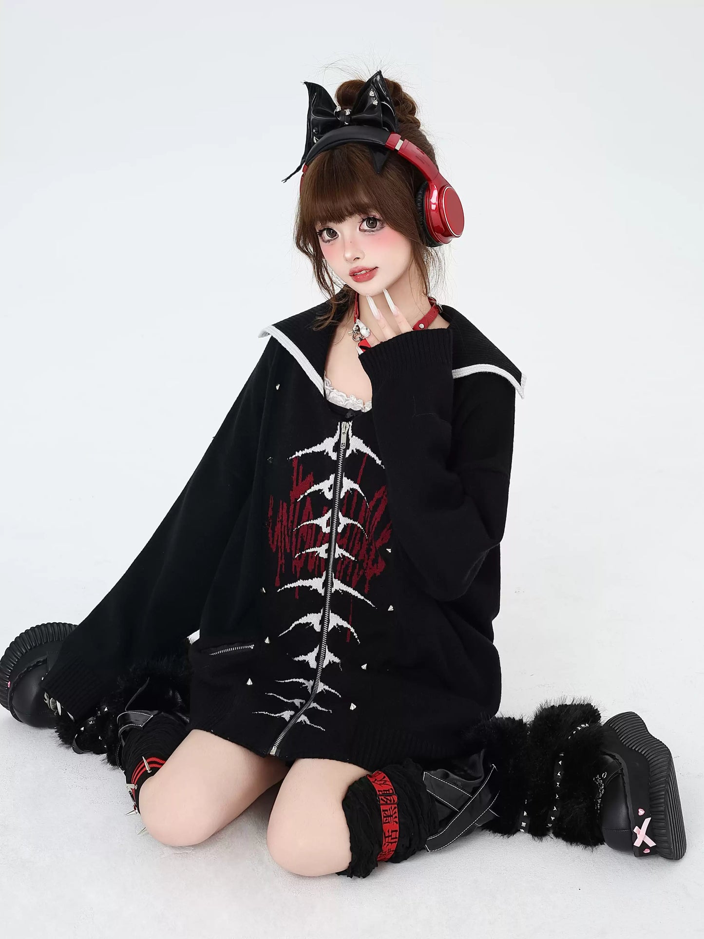 Crazy Girl Fantasy Skeleton Sailor Collar Gray Black Jacket Cardigan