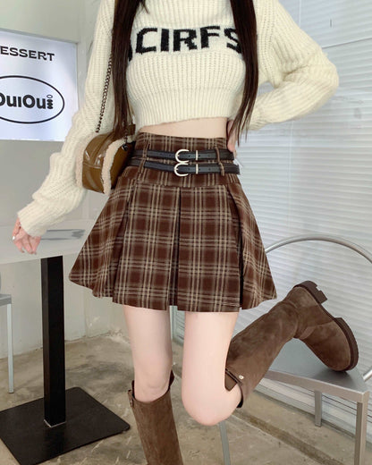 Brown Black Plaid Autumn Light Dark Academia Belt Pleated A-line Short Skirt