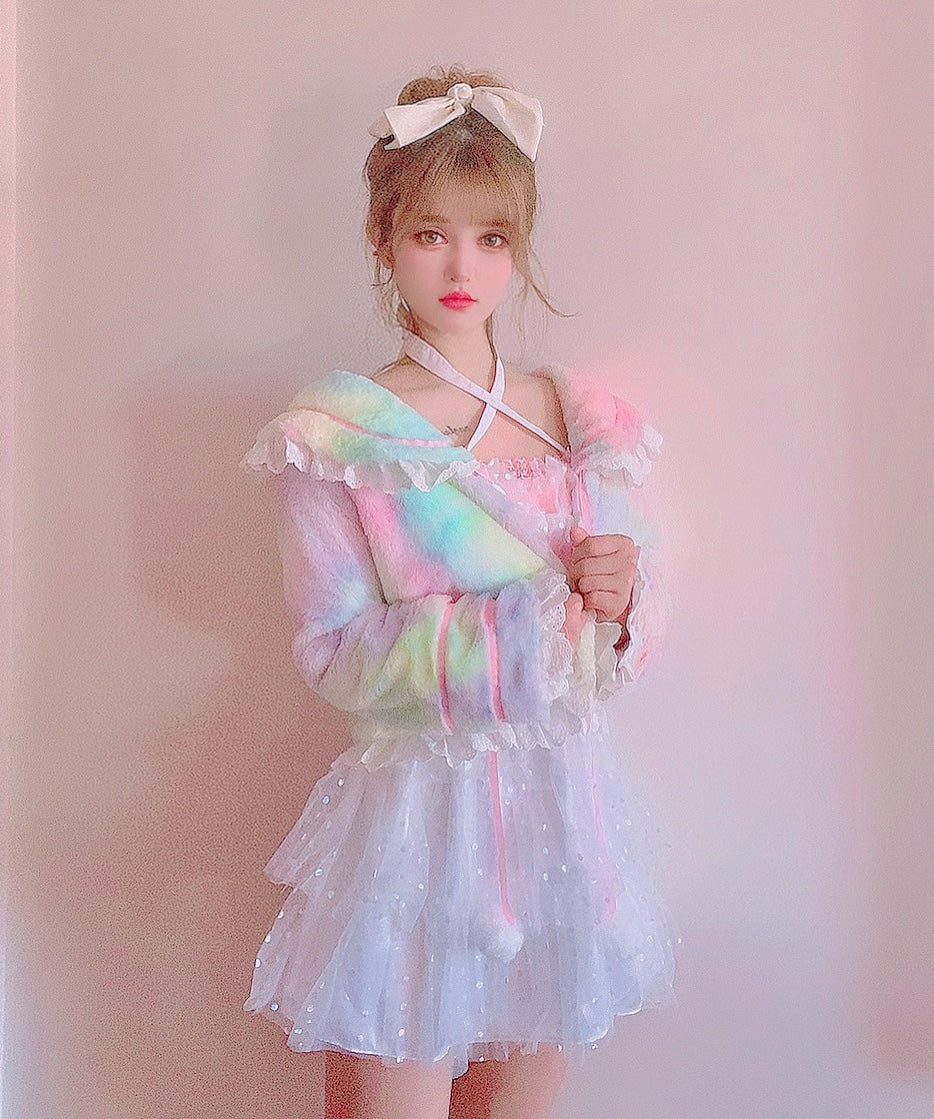 Candy Fairy Sweet Rainbow Gradient Sailor Collar Ruffled Winter Jacket