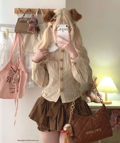 Dormir Doll Dachshund Puppy Bengal Stripe Doll Collar Cream Pink Shirt & Brown Shorts Two Piece Set