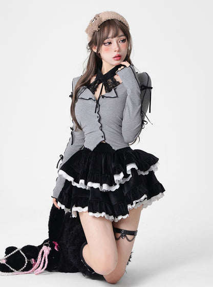 Young Eyes Gray Bow Shirt Top & Corduroy Black Ruffled Cake Skirt Two Piece Set