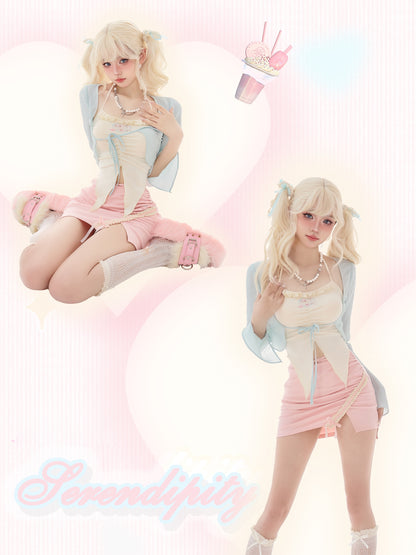 Serendipity Coquette Soft Thin Blue Cardigan & Cat Cream Halter Neck Strap Camisole & Pink Mini Skirt Three Piece Set