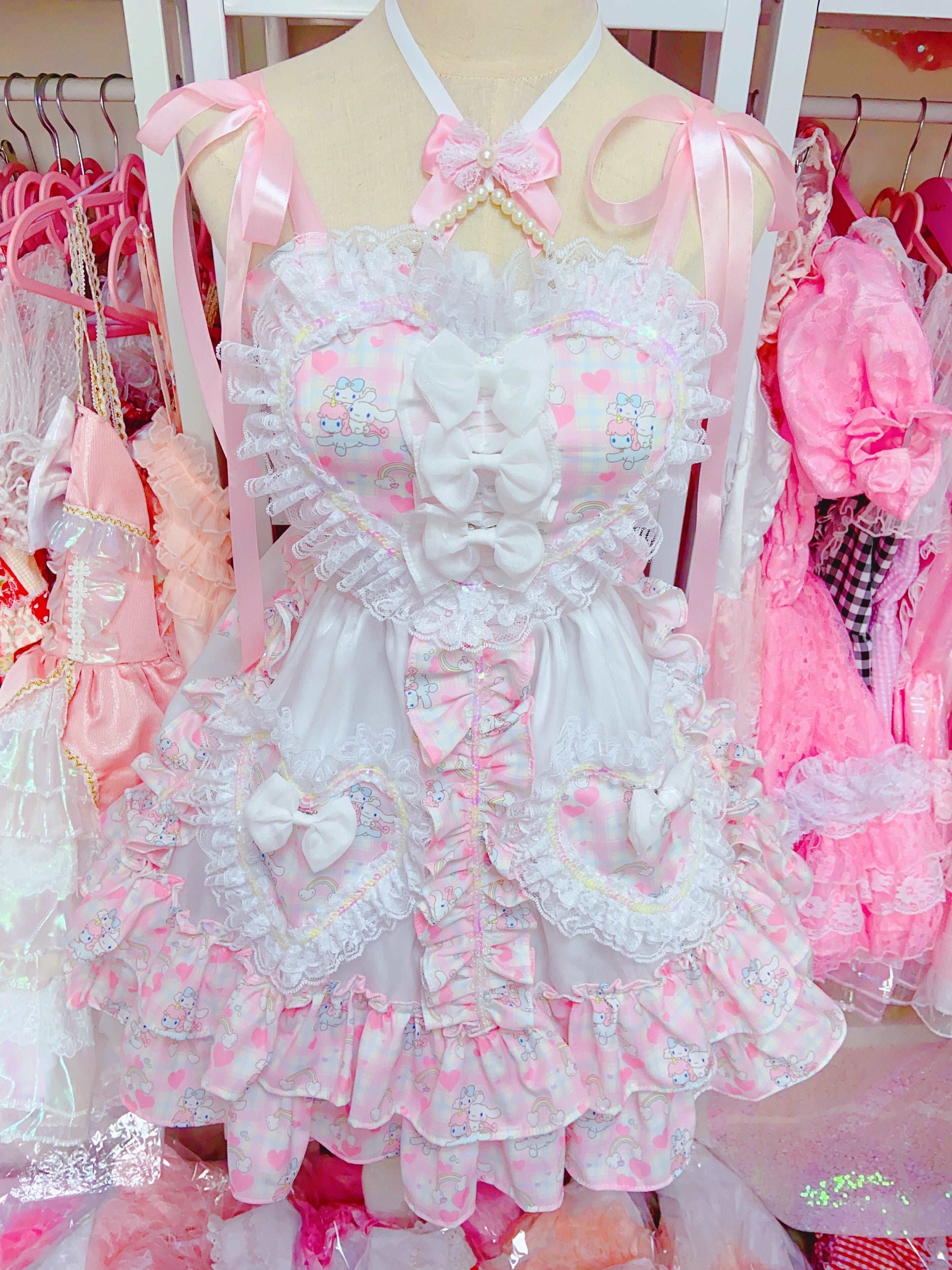 Candy Fairy Cinnamon Dog Pink White Frill Lace Maid Strap Dress